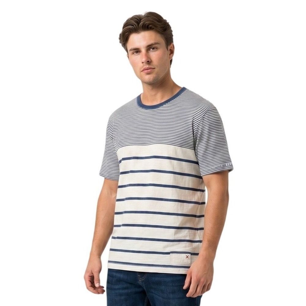 FAT FACE Men's XXL Nautical Stripe 100% Cotton Crew Neck T-Shirt Washed Navy